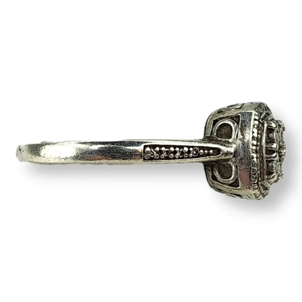 SK Ring Sterling Silver Size 6.5 Silver Square Halo Diamond Engagement Style 925